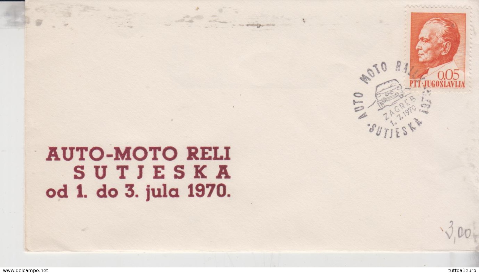 YUGOSLAVIA JUGOSLAVIJA 1970 AUTO MOTO RELI SUTJESKA CAR RACE RALLY - Storia Postale