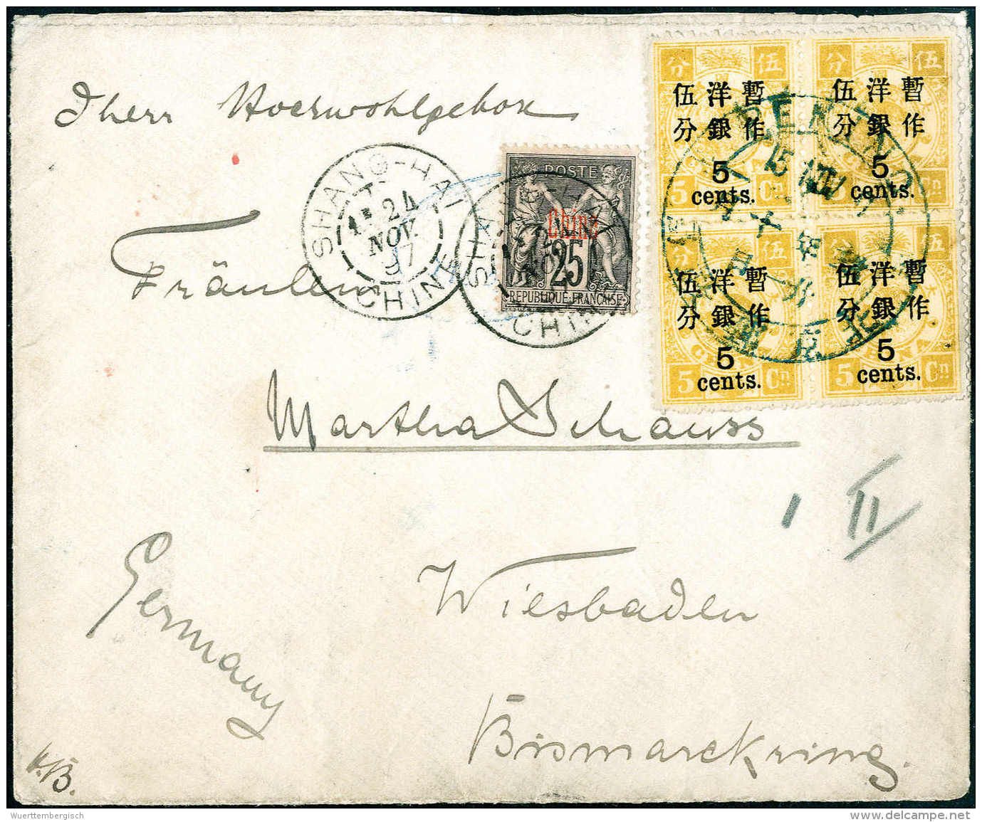 Beleg 5 C. A. 5 Ca. Olivgelb, Zwei Waagr. Paare In Doppelfrankatur Mit Franz.Post China 25 C. A. Rosa Auf Brief... - Autres & Non Classés