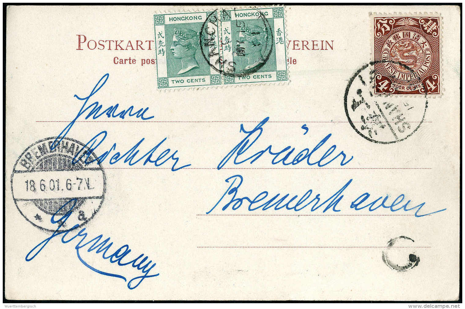 Beleg 4 C. In Doppelfrankatur Mit Hongkong 2 C. Graugr&uuml;n Mit Stempel SHANGHAI Auf Postkarte Nach Dtld. Mit... - Autres & Non Classés