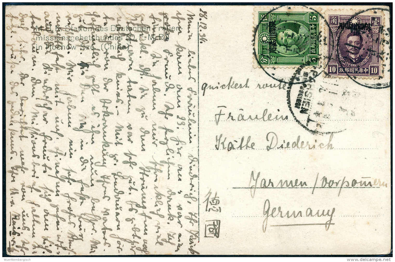 Beleg Szechuan 5 Und 10 C., Tadellose Postkarte Mit Stempel PAHSIEN Nach Dtld. (Michel: Szechuan 5,17) - Autres & Non Classés