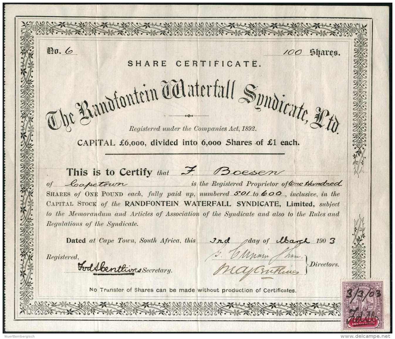 "The Randfontein Waterfall Syndicate Ltd.", Gef. Original-Aktie, Re. Unten Steuermarke. - Other & Unclassified