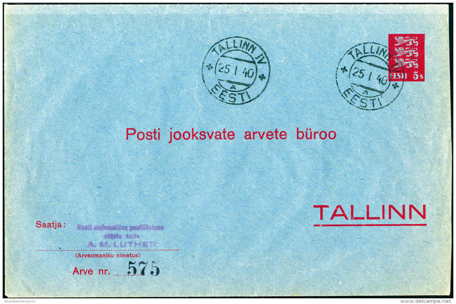 Beleg 5 S., Tadelloser Umschlag Als Postscheckbrief Innerhalb Tallinns Gelaufen, Fotoattest L&ouml;bbering... - Autres & Non Classés