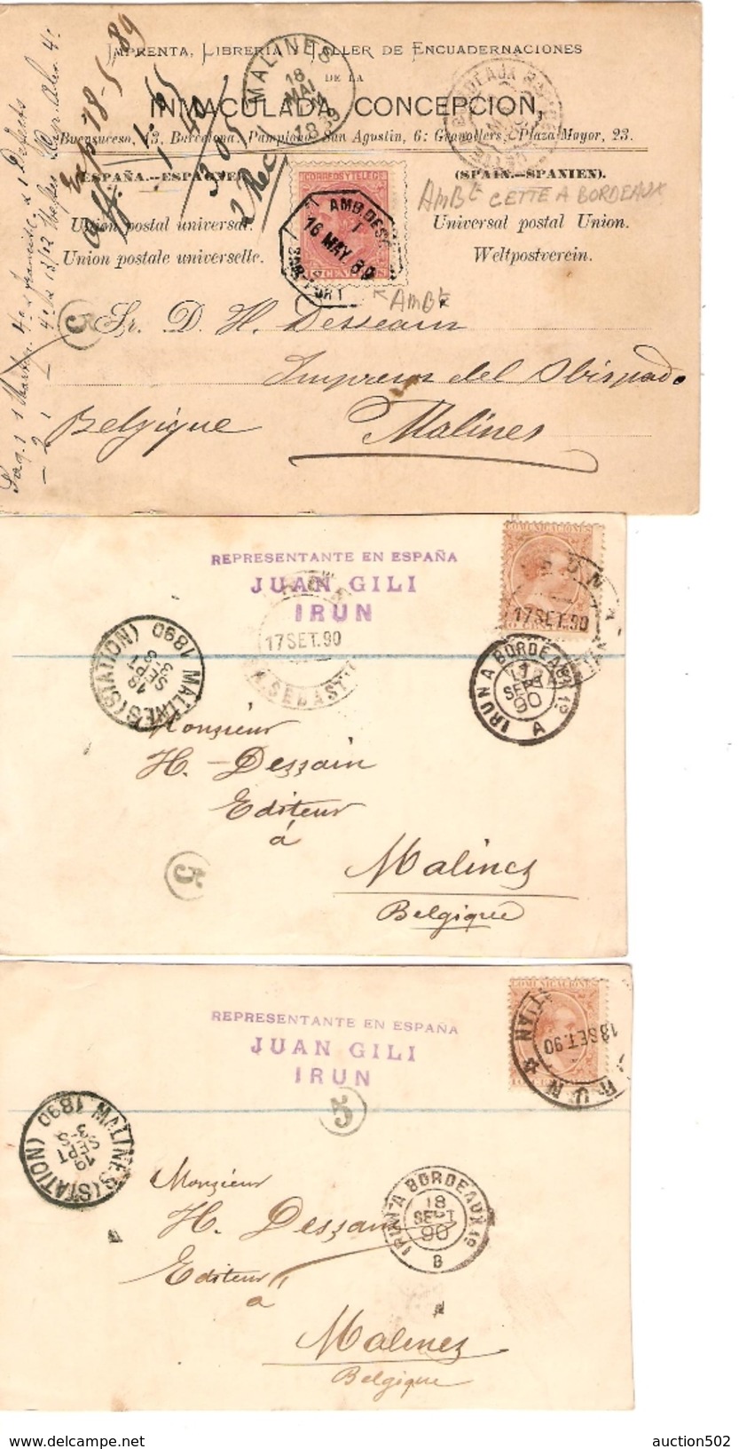 Spain 8 PC From Irun With Spanish-french Ambulant 1888-1889-1890 To Belgium Malines Scarce Combination PR3958 - Briefe U. Dokumente