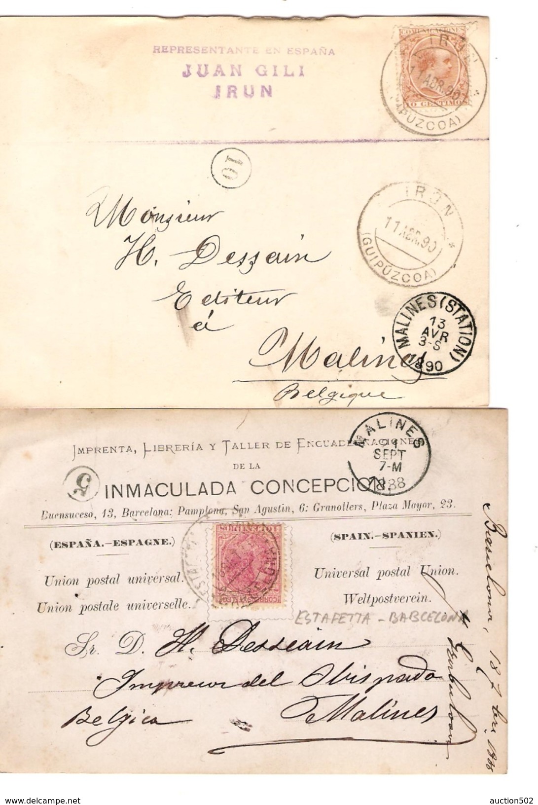 Spain 8 PC From Irun With Spanish-french Ambulant 1888-1889-1890 To Belgium Malines Scarce Combination PR3958 - Briefe U. Dokumente