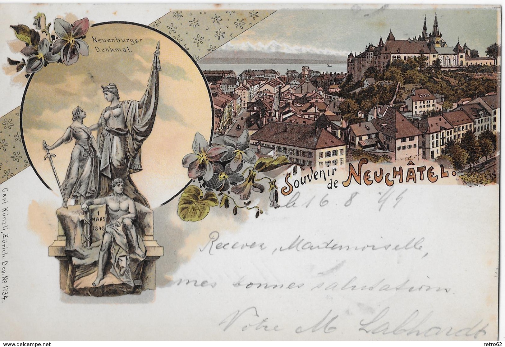 SOUVENIR DE NEUCHÂTEL &rarr; Mehrbild Lithokarte Anno 1899  &#x25BA;Balkenstempel CORCELLES&#x25C4; - Corcelles