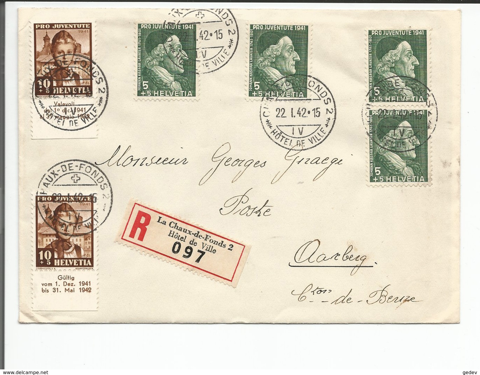 Lettre Recommandée Suisse, Timbres Pro Juventute, La Chaux-de-Fonds - Aarberg (22.1.42) - Lettres & Documents