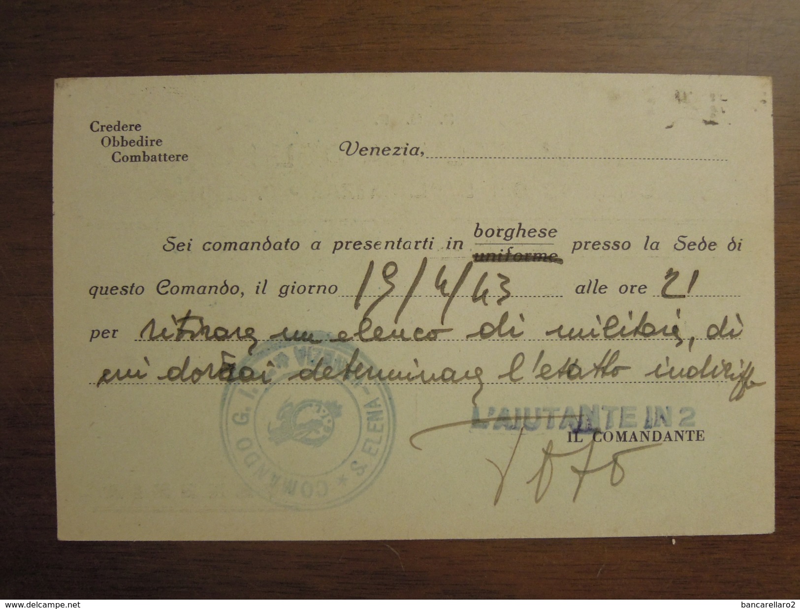 S. ELENA (Venezia) P. N. F. GIOVENTU' ITALIANA DEL LITTORIO COMANDO G. I. L. L. RAZZA S. ELENA  18. 4. 1943  Franchigia - Venezia