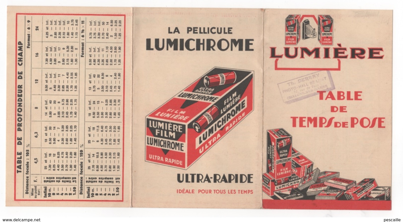Photographie - TABLE DE CALCUL DES TEMPS DE POSE PAR NOMBRES ADDITIFS - TH. DERRAY PHOTO-HALL DE L'EST CHALONS SUR MARNE - Matériel & Accessoires