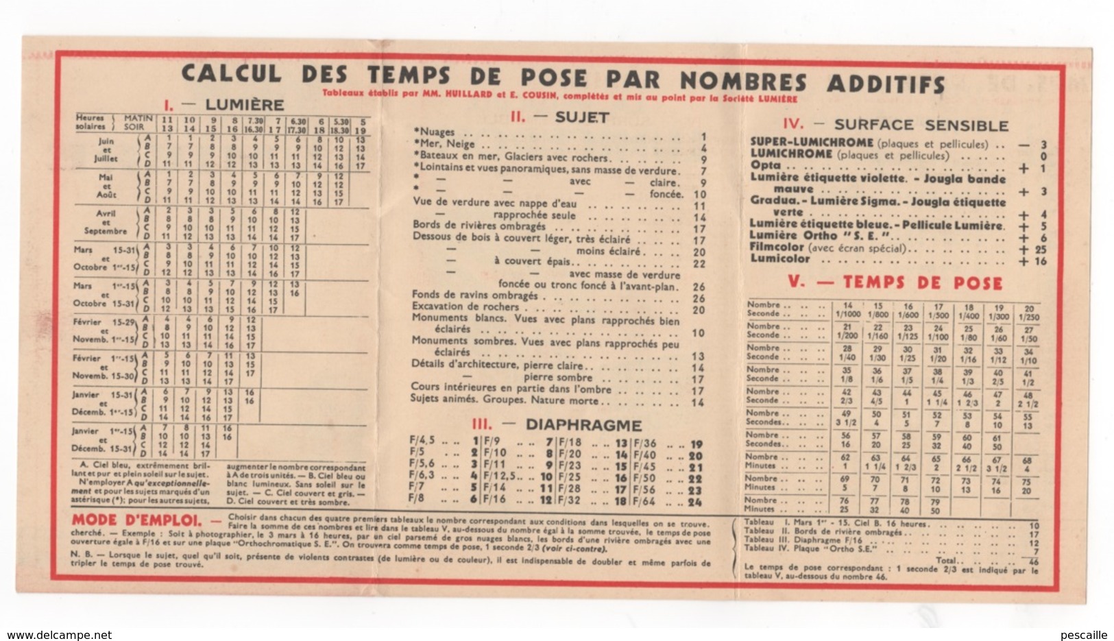 Photographie - TABLE DE CALCUL DES TEMPS DE POSE PAR NOMBRES ADDITIFS - TH. DERRAY PHOTO-HALL DE L'EST CHALONS SUR MARNE - Matériel & Accessoires