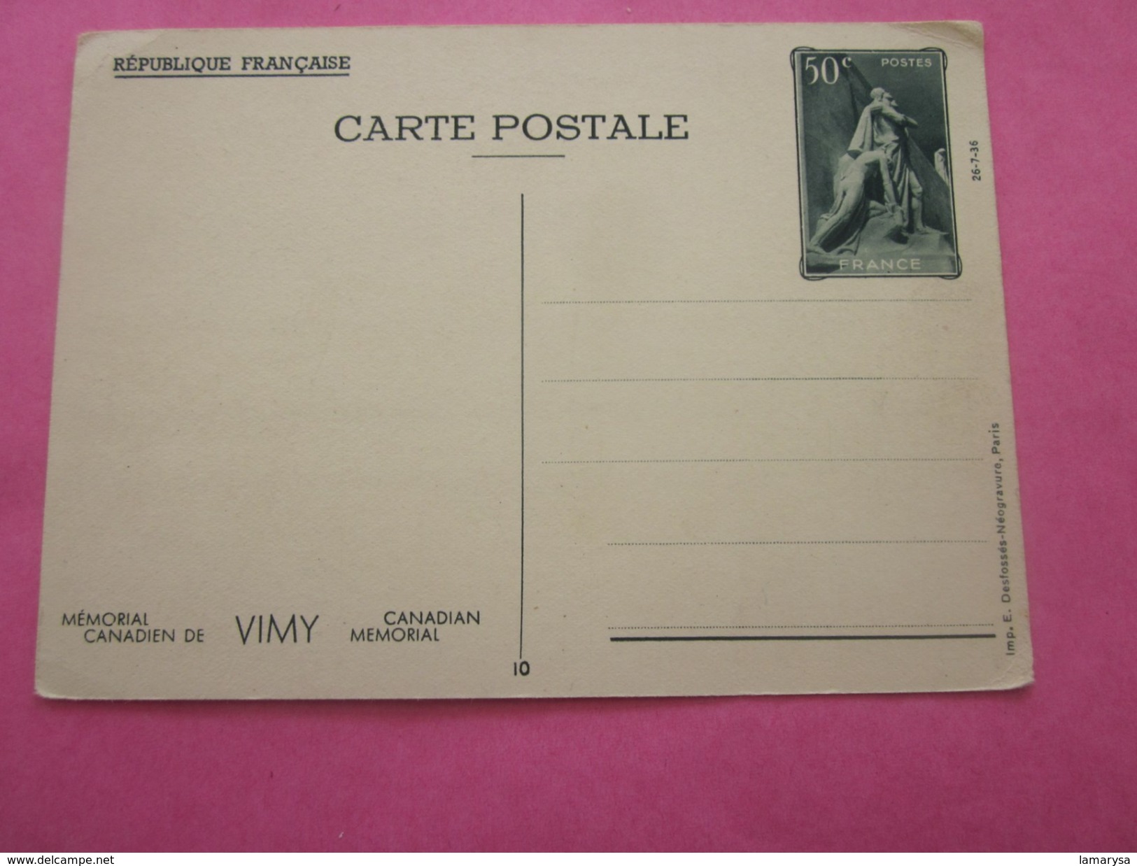 Entier Postal Entier Postaux Carte Postale 50c Vert N°7 Neuf** VIMY FRANCE CANADIAN MÉMORIAL VII 1936 Héliogravure C/20E - Standard- Und TSC-AK (vor 1995)