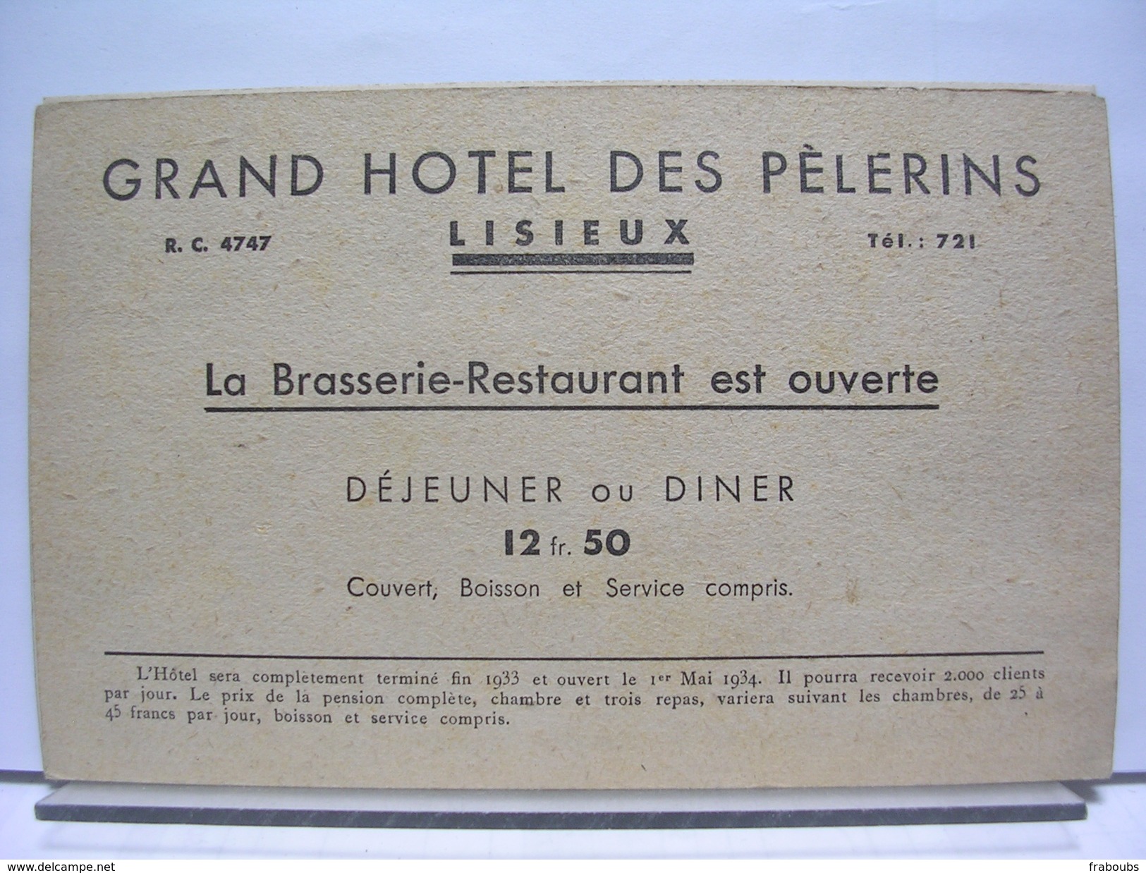 14 - LISIEUX - GRAND HOTEL DES PELERINS - CHEMIN DES BUISSONNETS - CARTE PUBLICITAIRE - Advertising