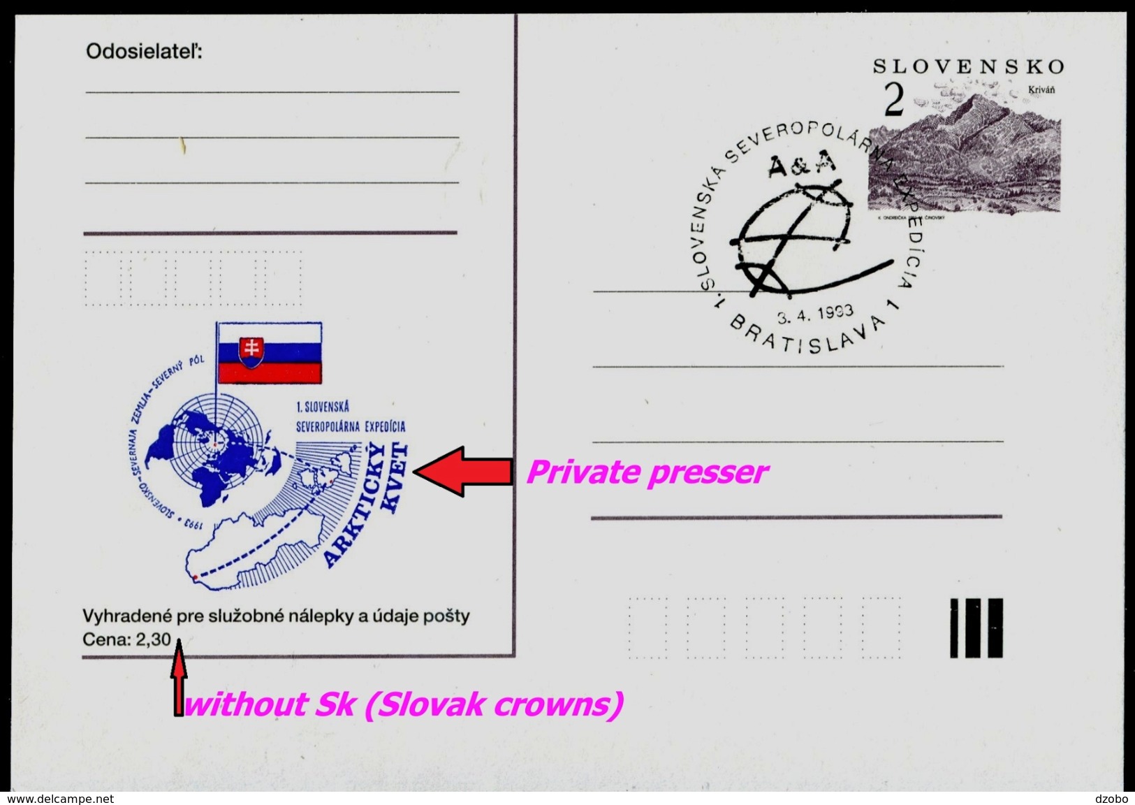 602 SLOVAKIA Prepaid Postal Card-with Imprint 1. Slovak Expedition Arctic North Pole Commemorative Stamp 1993 - Arktis Expeditionen