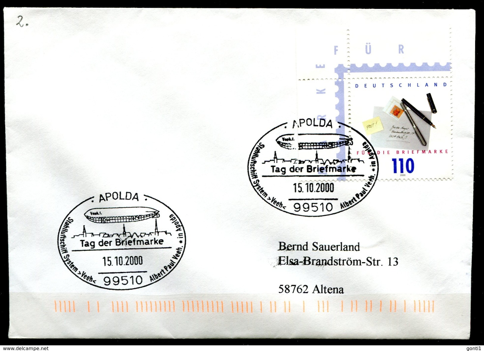 Germany 2000 Sonderbeleg Luftschiffe Mit Mi.Nr.2148 U. SST"Apolda-Stahlluftschiff System Veeh,Tag Der Br."1 Beleg - Zeppeline