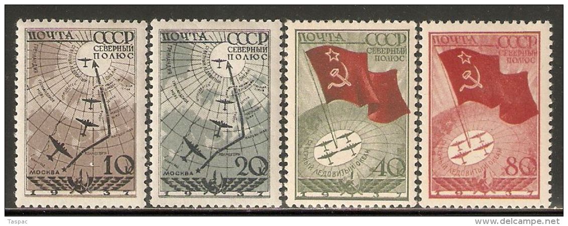 Russia / Soviet Union 1938 Mi# 584-587 * MH - Soviet Flight To The North Pole - Unused Stamps