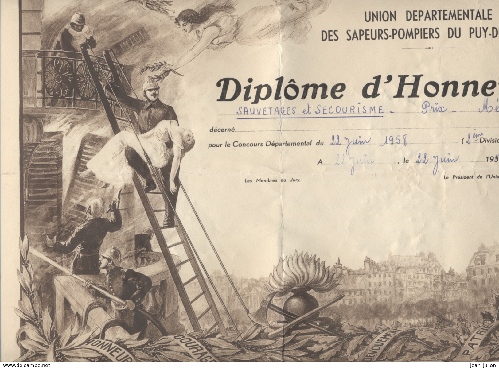 63 - CLERMONT FERRAND - MILITARIA - SAPEURS POMPIERS DU PUY De DOME  - Diplome D'Honneur - 1958 - 6 Scans - Pompiers