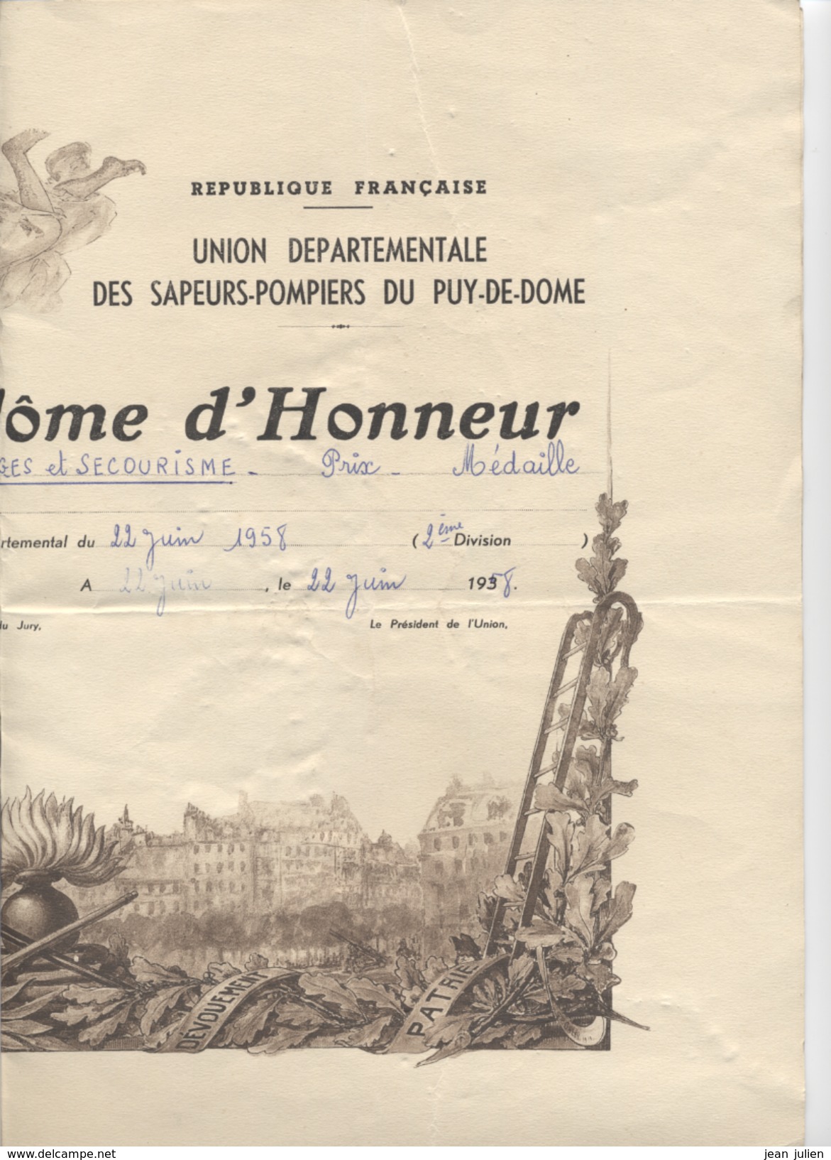 63 - CLERMONT FERRAND - MILITARIA - SAPEURS POMPIERS DU PUY De DOME  - Diplome D'Honneur - 1958 - 6 Scans - Pompiers