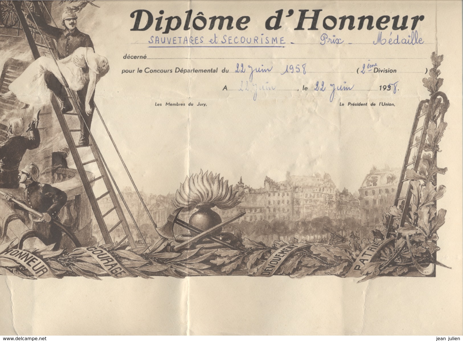 63 - CLERMONT FERRAND - MILITARIA - SAPEURS POMPIERS DU PUY De DOME  - Diplome D'Honneur - 1958 - 6 Scans - Feuerwehr