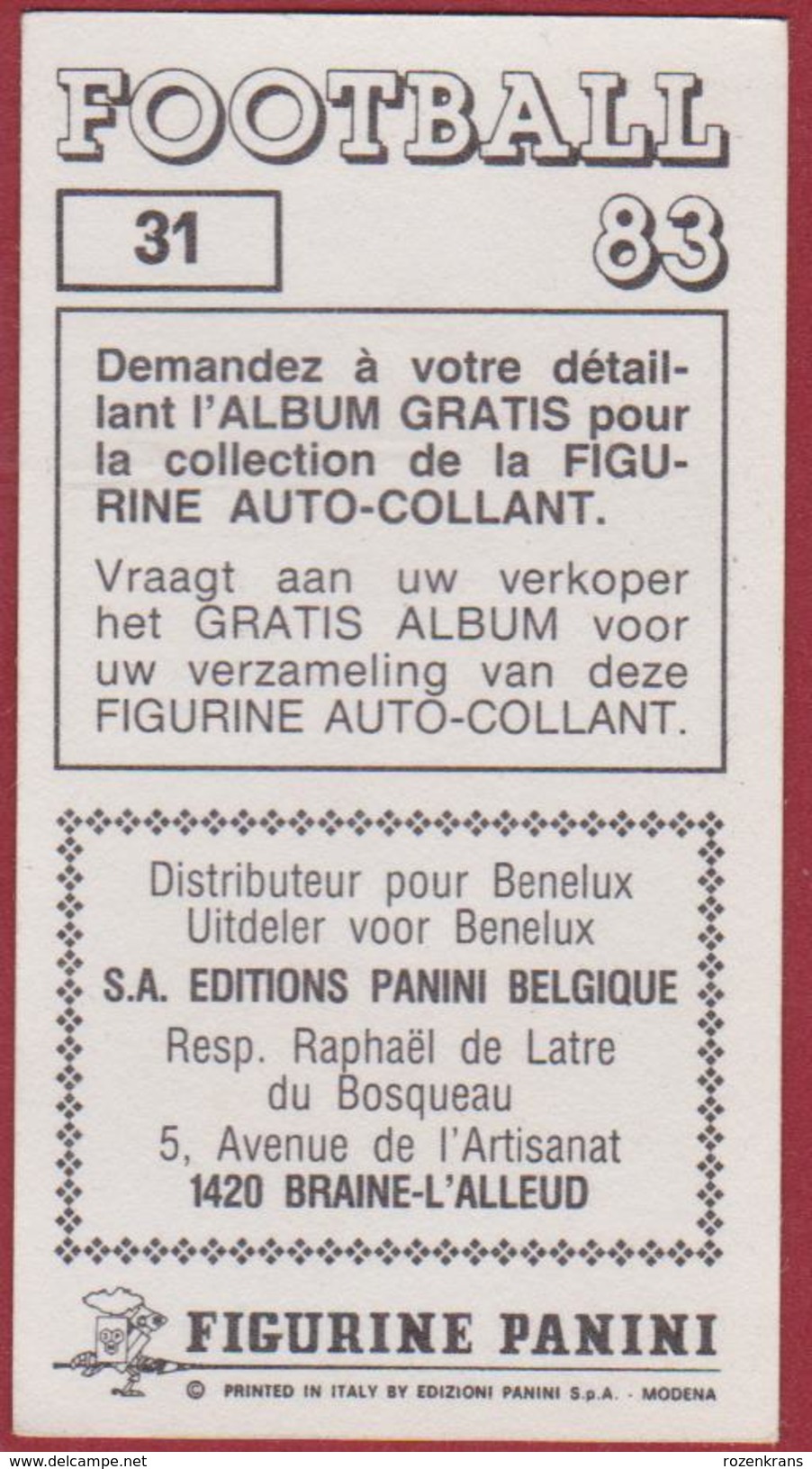 Panini Football Voetbal 83 1983 FC Royal Antwerp RAFC Club Sticker Autocollant Nr. 31 Frank Mariman - Sports