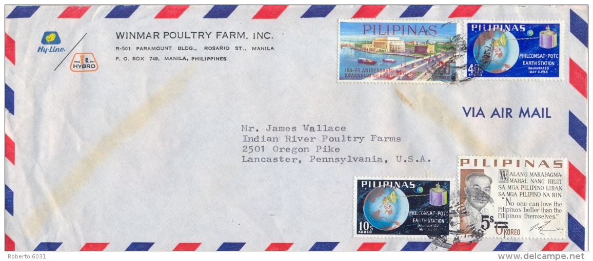 Philippines 1968 Commercial Cover To USA Multifranked With PhilcomSat 10 S. + 40 S. And Jones Bridge And 5 S / 6 S - Asie