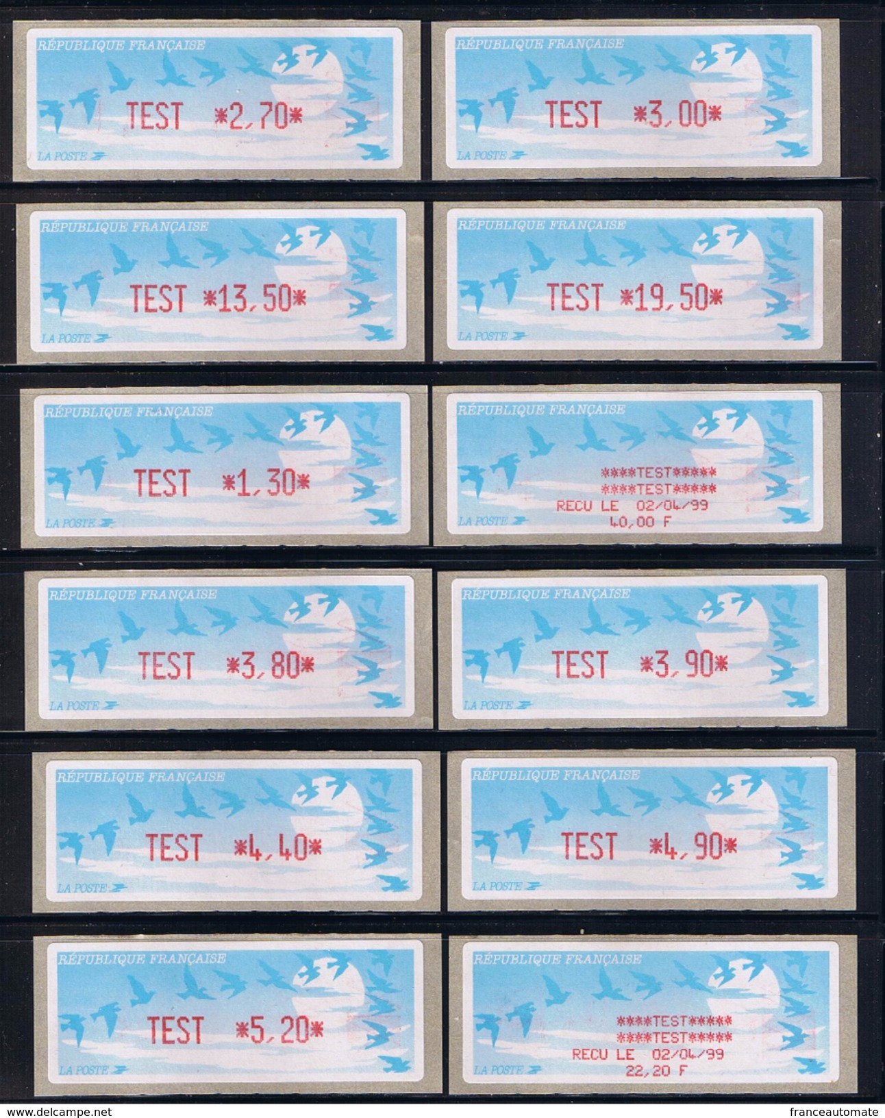 12 ATMs, LISA1, TEST 1.30/TEST 2.70/TEST 3.00/TEST3.80/TEST3.90/TEST4.40/TEST4.90/TEST5.20/TEST13.50/TEST19.50,reçu TEST - 1990 « Oiseaux De Jubert »