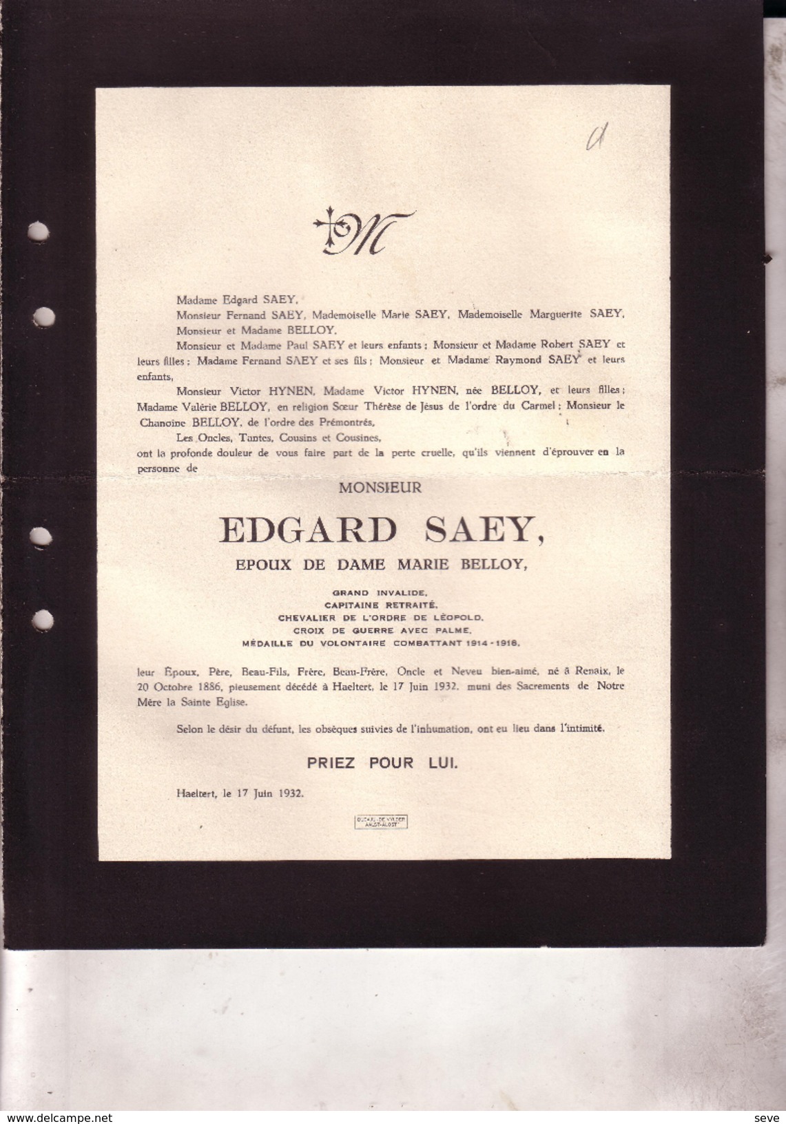 RENAIX RONSE AALTERT Edgard SAEY époux BELLOY 1886-1932 Capitaine Grand Invalide 14-18 Doodsbrief - Overlijden