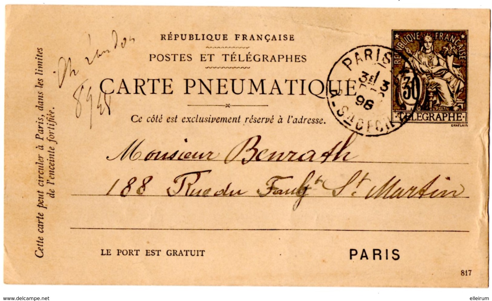 CARTE PNEUMATIQUE. ENTIER. PARIS. RUE SAINTE CECILE Sur CHAPLAIN 30c. 1898. - Neumáticos