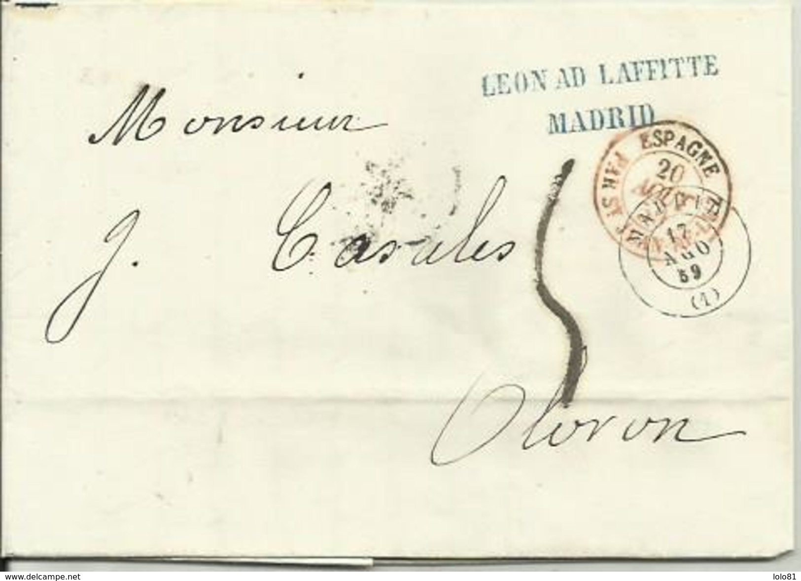 Lettre De Madrid 17 Aout 1859 Pour Oloron Marque D'entrée Espagne Par St Jean De Luz En Rouge - Marques D'entrées