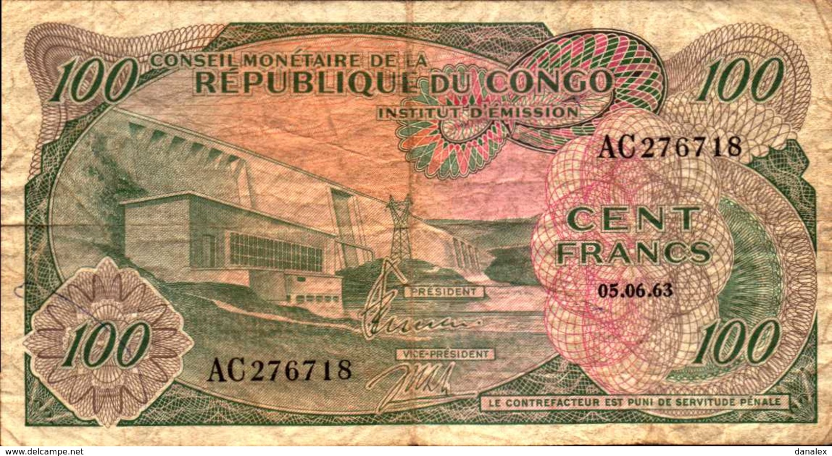 CONGO REPUBLIQUE  100 FRANCS Du 5-6-1963  Pick 1a  RARE - Repubblica Democratica Del Congo & Zaire