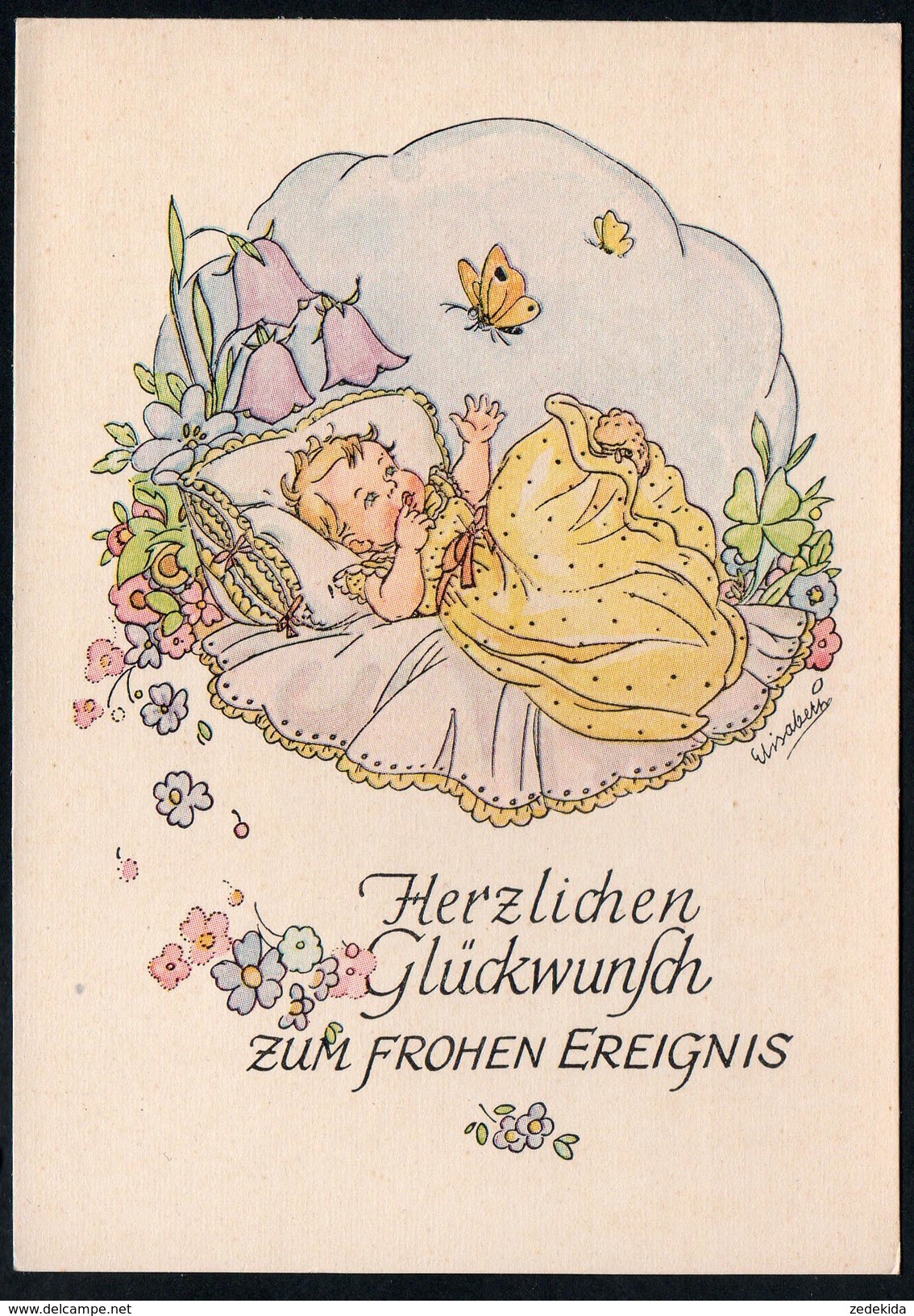 A0918 - Alte Glückwunschkarte - Geburtstag - Kind Schmetterling - Elisabeth - Roscher Chemnitz - ERVAU TOP - Geburtstag