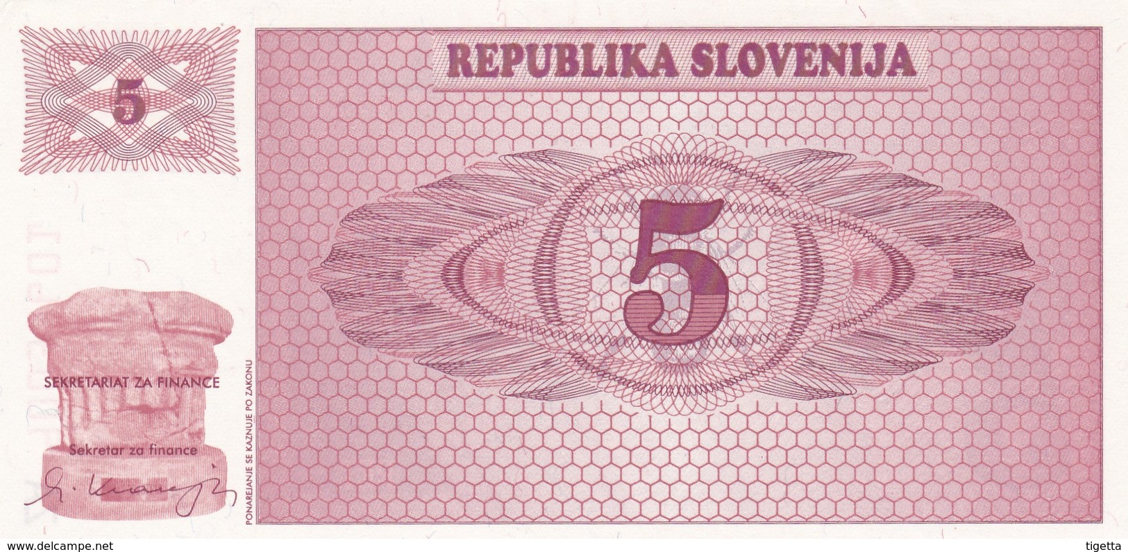 SLOVENIA  5 TOLARJEV    1990  FDS - Slovénie