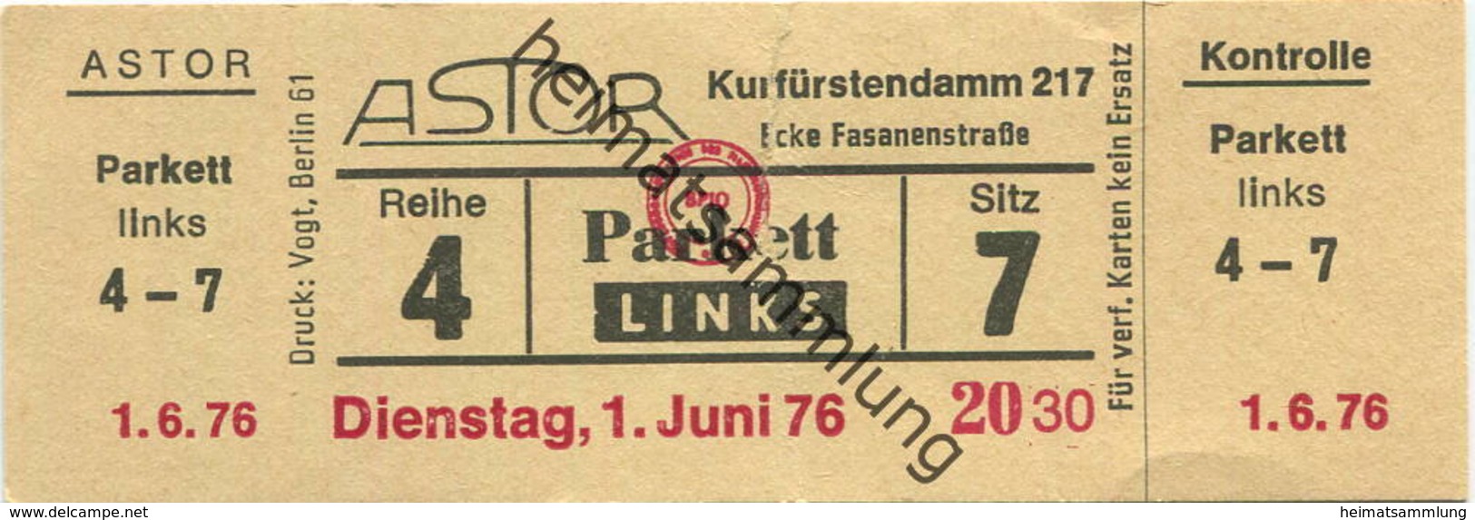 Deutschland - Astor Berlin Kurfürstendamm 217 - Kinokarte 1976 - Biglietti D'ingresso