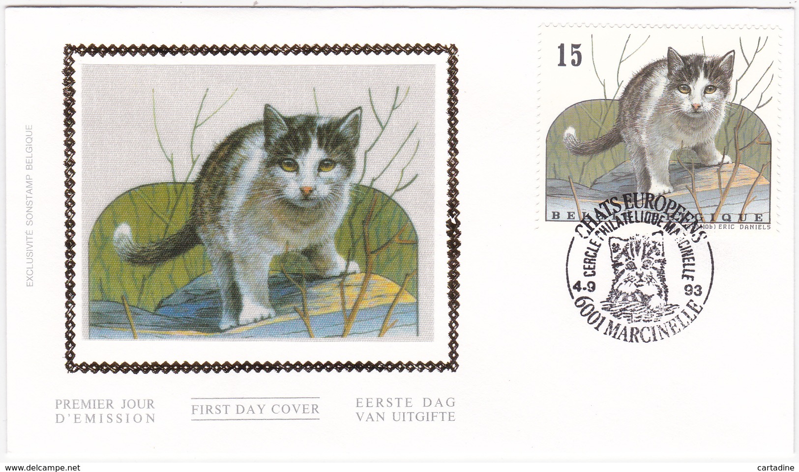 FDC - Série De 4 Timbres Chats Sur Soie/zijde  N° 2521/4 - Chat  - 04/09/1993 - 1991-2000