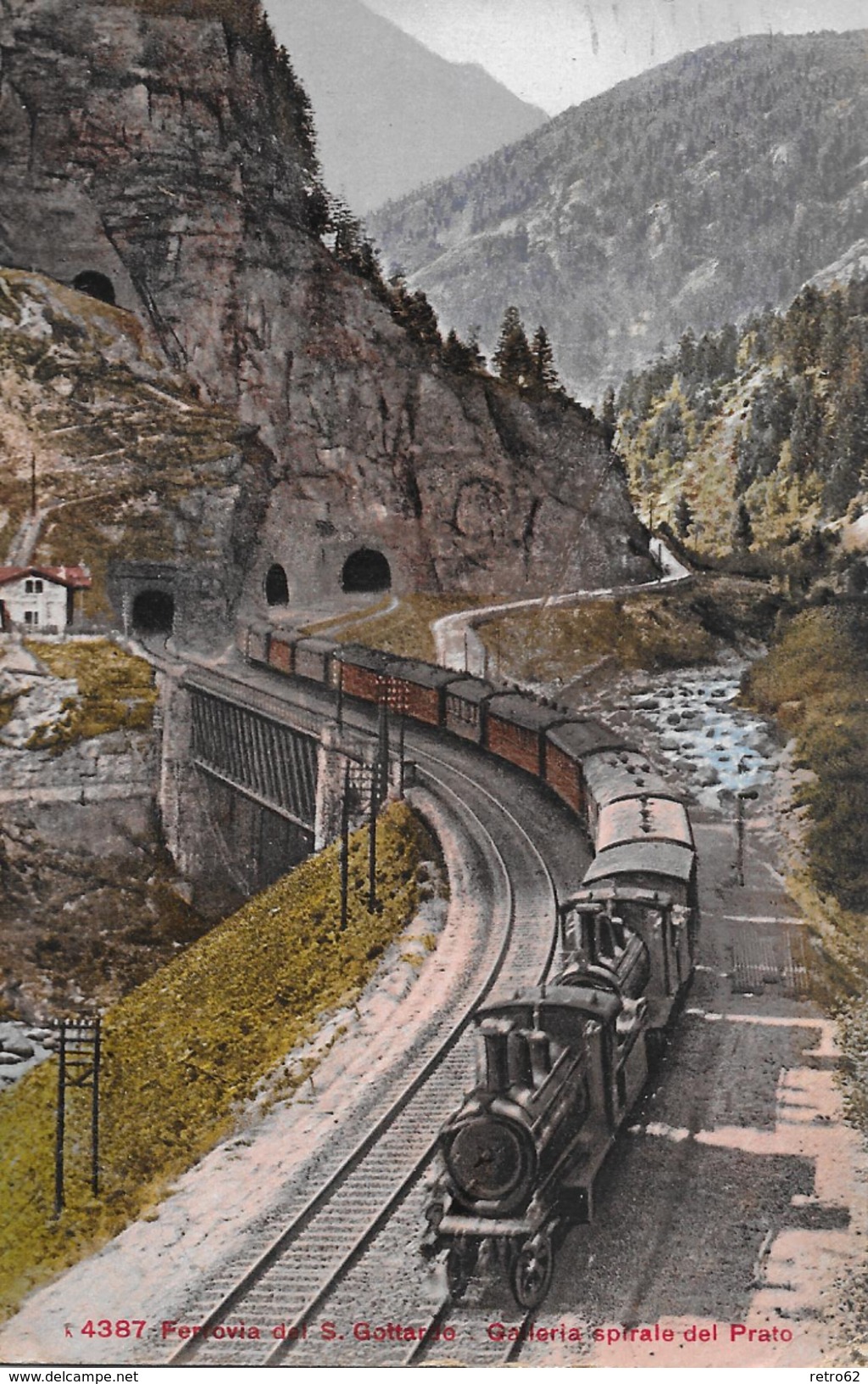 FERROVIA DEL S. GOTTARDO &rarr; Galeria Spirale Del Prato, Dampf-Doppelzug Anno 1911 - Prato