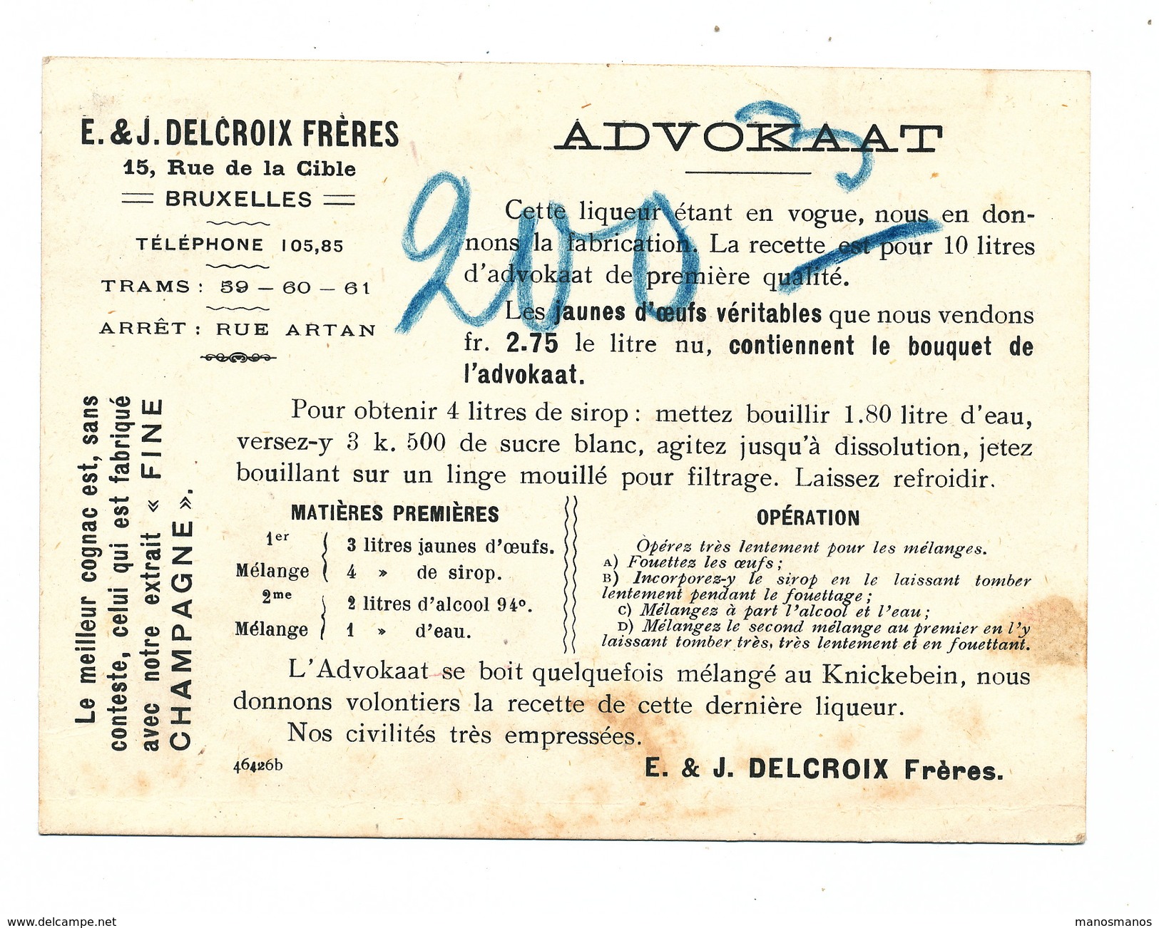 984/23 - Carte Publicitaire PREO Bruxelles 1911 - Extraits Pour ALCOOLS Liqueur Advokaat , Fine Champagne Delcroix à BXL - Vins & Alcools