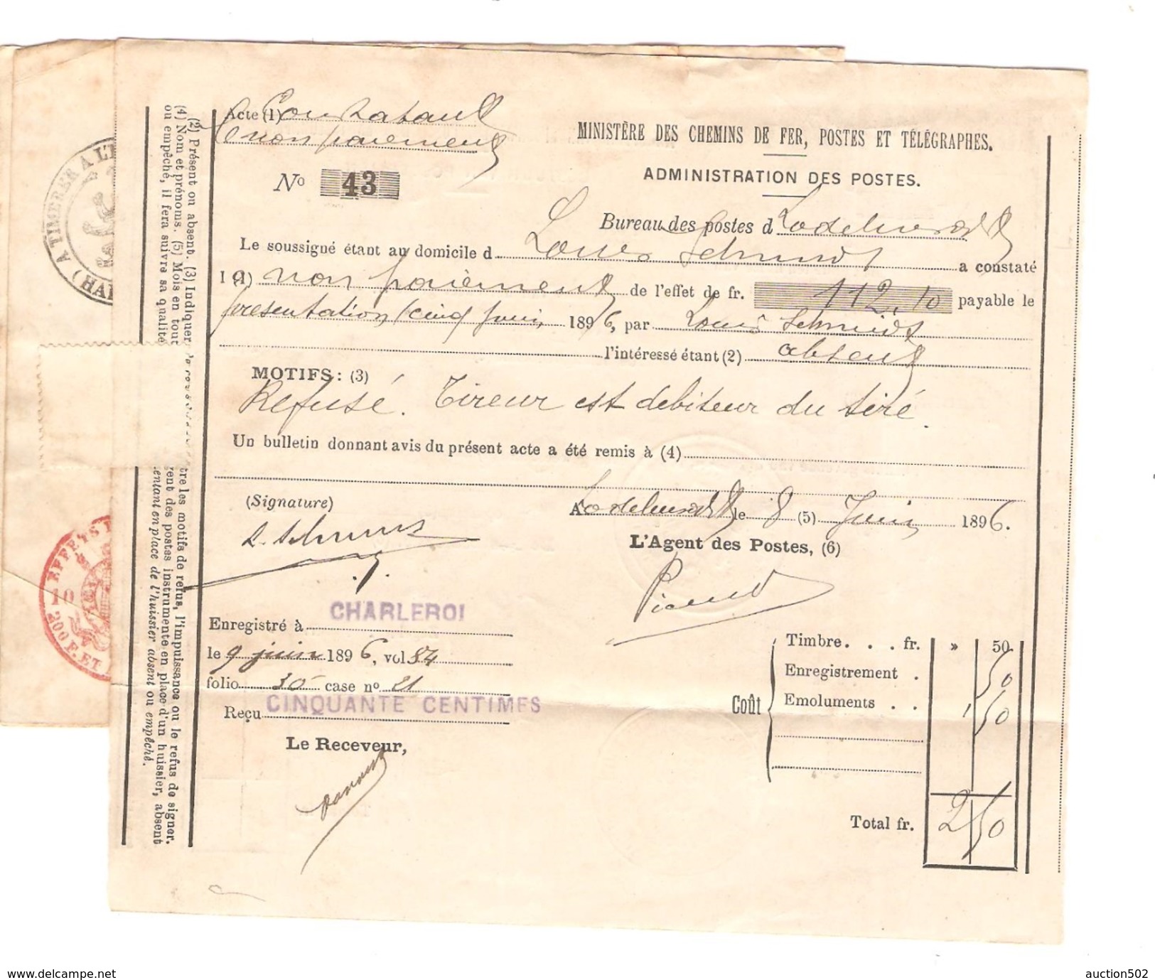 Document Administration Des Postes Bureau De Lodelinsart+Reçu De 112,10 Frs TP 60 C.Lodelinsart 4/6/1896 PR3998 - Post Office Leaflets