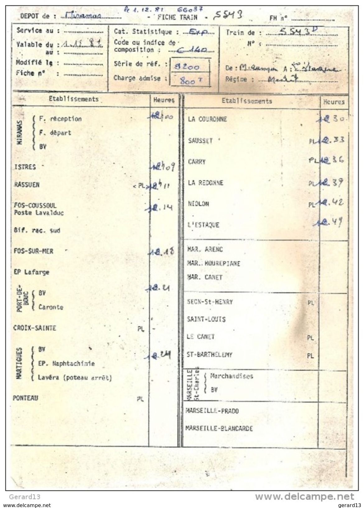 SNCF Fiche Train Exp 5543 Détourné De Miramas à L'Estaque 1981 - Chemin De Fer