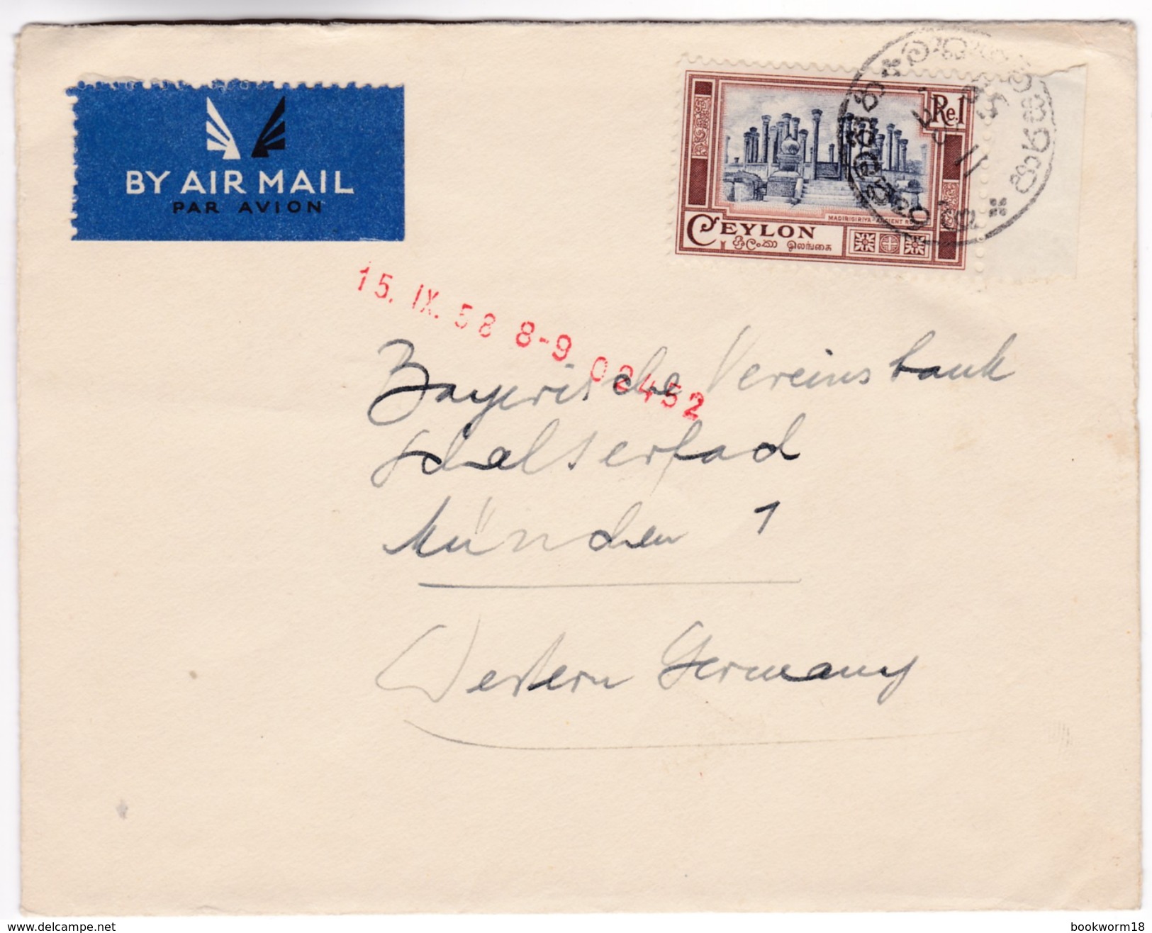 855 Sri Lanka Ceylon Lettre Posted 1958 Colombo To Germany Single Franked Ruins Of Medirigiriya - Sri Lanka (Ceylon) (1948-...)