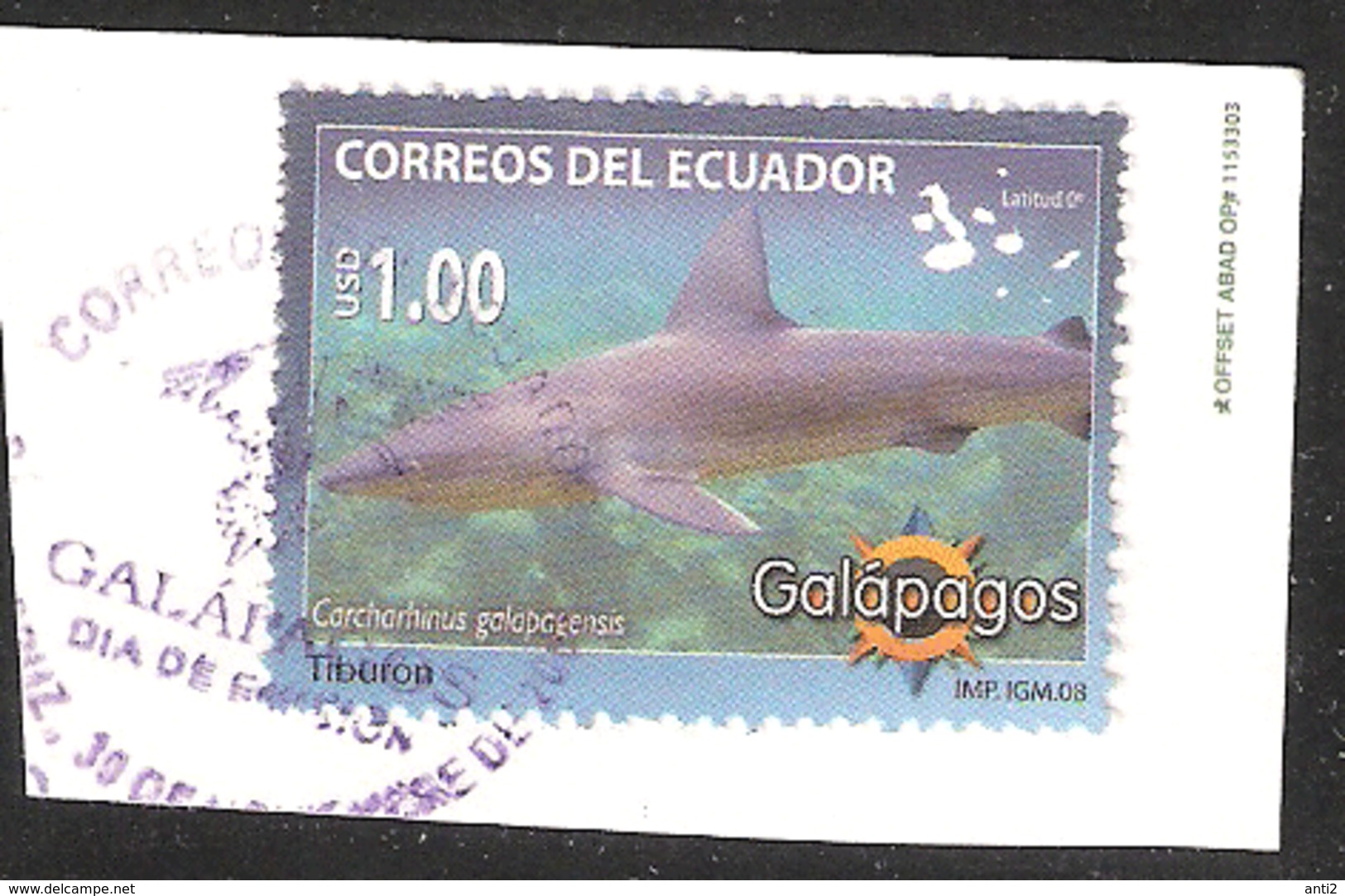 Ecuador  2008 Fauna Of Galapagos,  Galapagos Shark, (Carcharhinus Galapagensis) Mi 3085 , Cancelled On Paper - Ecuador