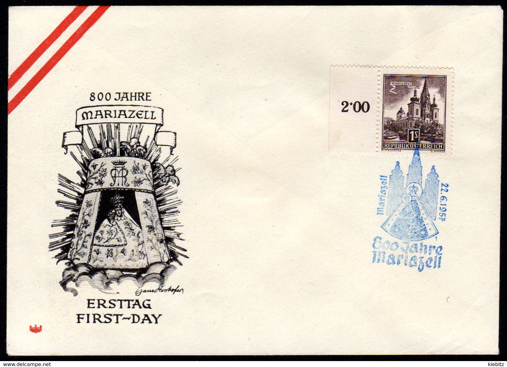 ÖSTERREICH 1957 - FDC 800 Jahre Basilika Mariazell - Blauer Ersttagsstempel 22.6.1957 - Kirchen U. Kathedralen