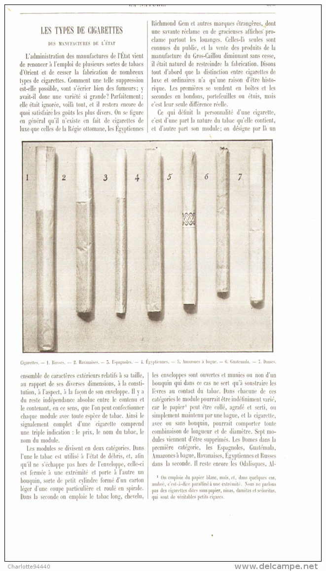 LES TYPES DE CIGARETTES DES MANUFACTURES DE L'ETAT   1898 - Documents