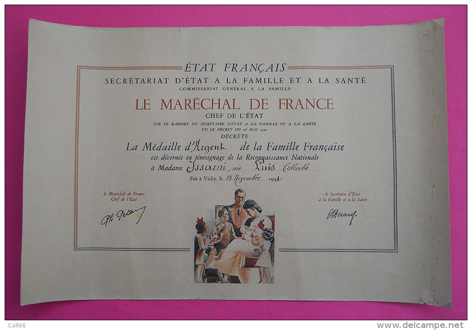 Ww2 Magnique Diplome Médaille Famille Française 1941 Décéerné Maréchal P.Petain Illustré RARE - Documents Historiques