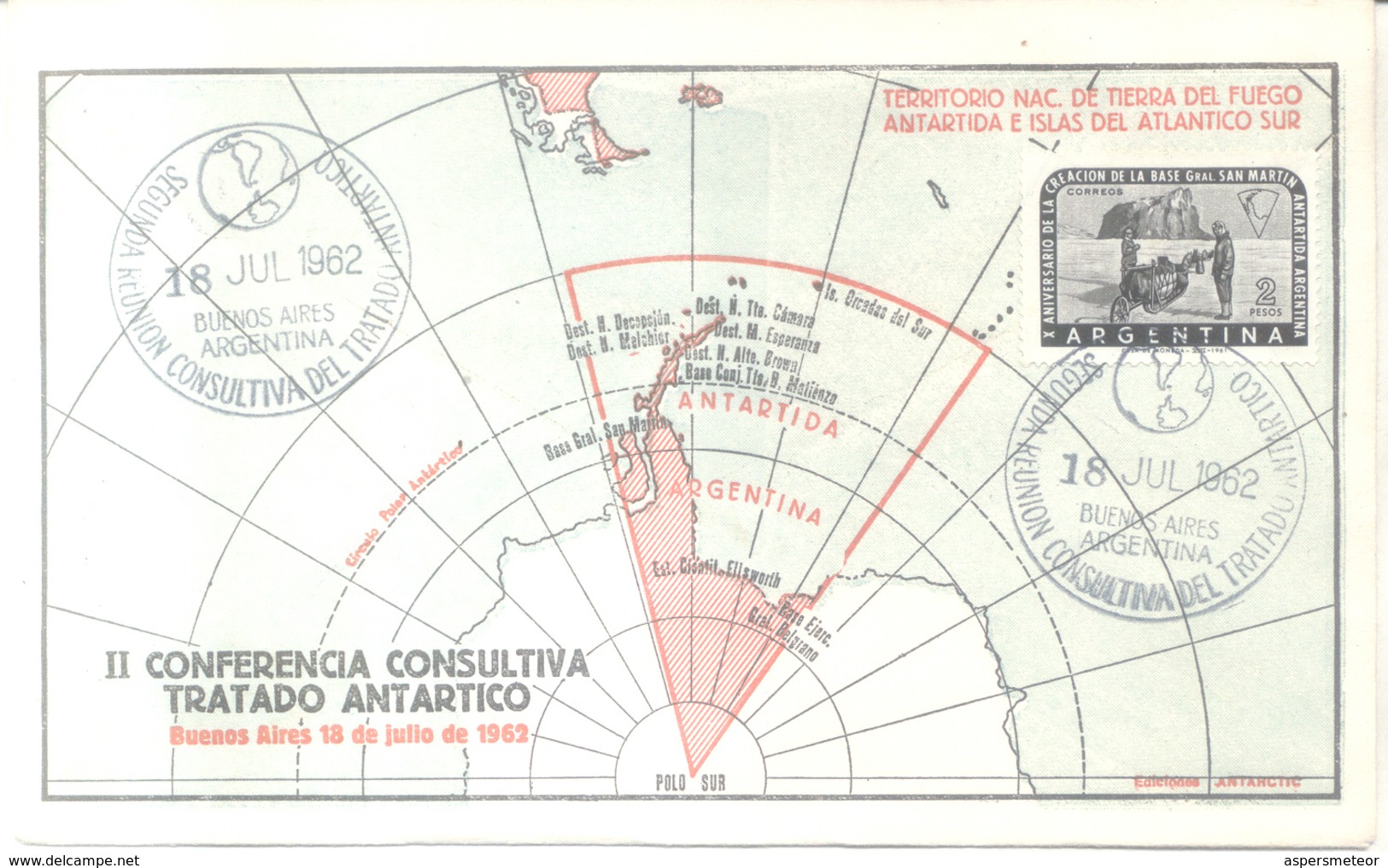 II CONFERENCIA CONSULTIVA TRATADO ANTARTICO RARE ENVELOPPE BUENOS AIRES 18 DE JULIO DE 1962 MAP MAPE MAPA CARTE GEOGRAP - Otros & Sin Clasificación