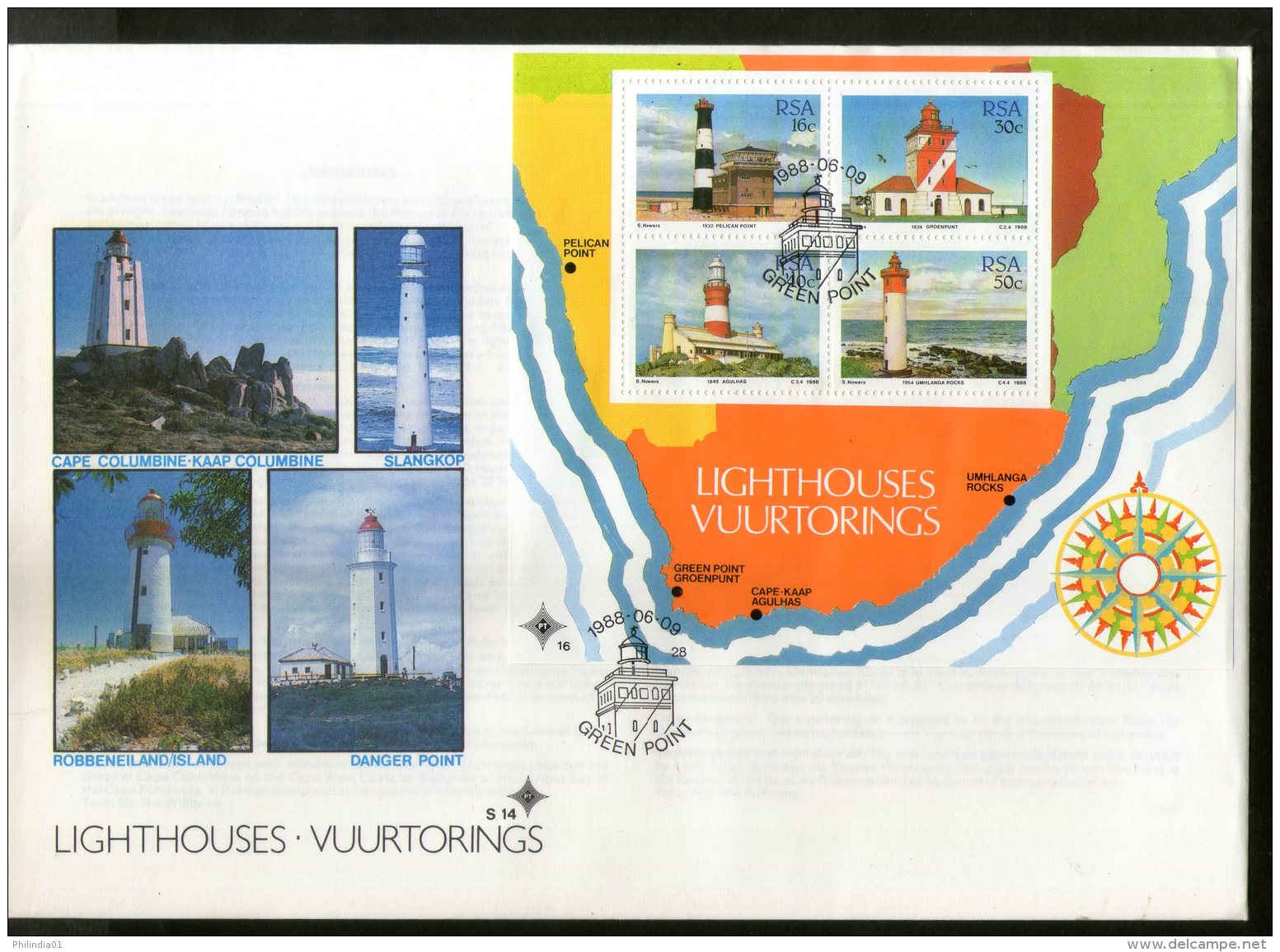 South Africa 1988 Lighthouses Architecture Map Sc 717a M/s On FDC # 15222 - Leuchttürme