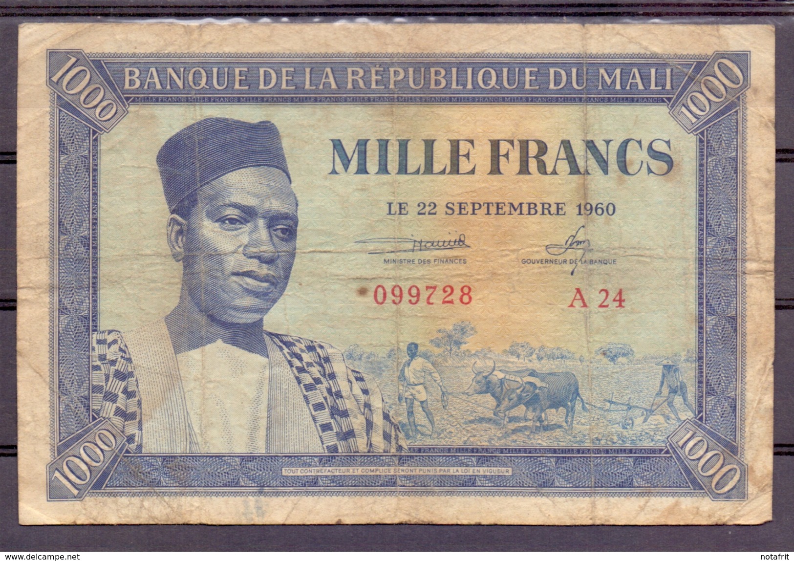 Mali 1000 Fr 1960   VG  Used  ...bouffé - Autres - Afrique