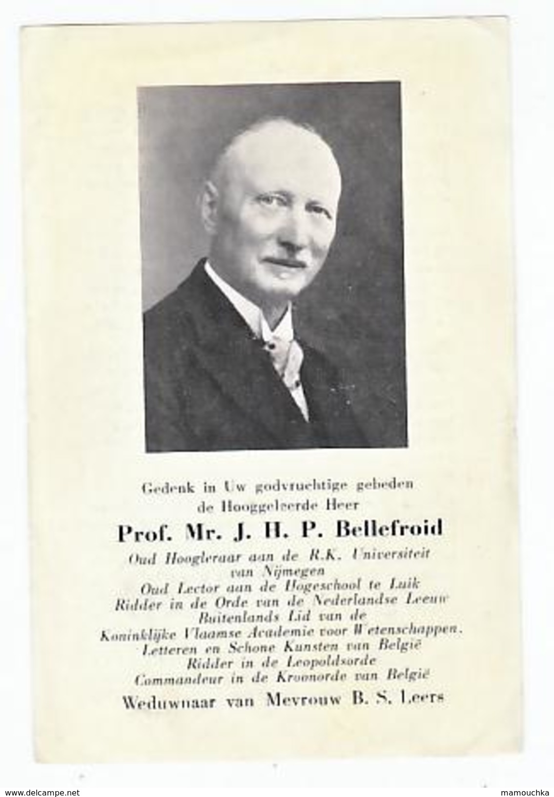 Bidprentje Prof. BELLEFROID  Wed. Leers Lector Luik Liège Godsheide Hasselt Hoogleraar Universiteit Nijmegen 1959 - Images Religieuses