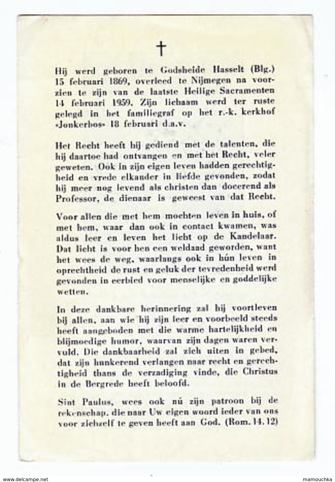 Bidprentje Prof. BELLEFROID  Wed. Leers Lector Luik Liège Godsheide Hasselt Hoogleraar Universiteit Nijmegen 1959 - Images Religieuses