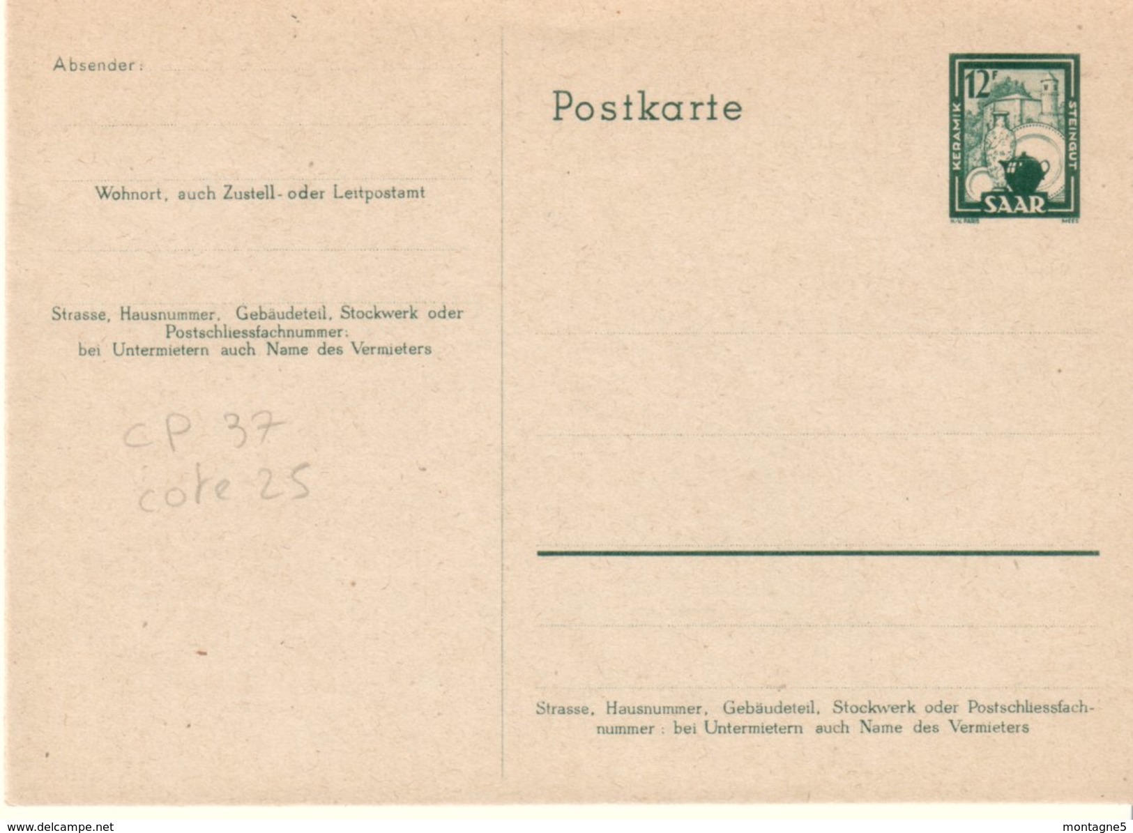 ENTIER POSTAL SARRE Occupation Française CP N°37 - Sonstige & Ohne Zuordnung