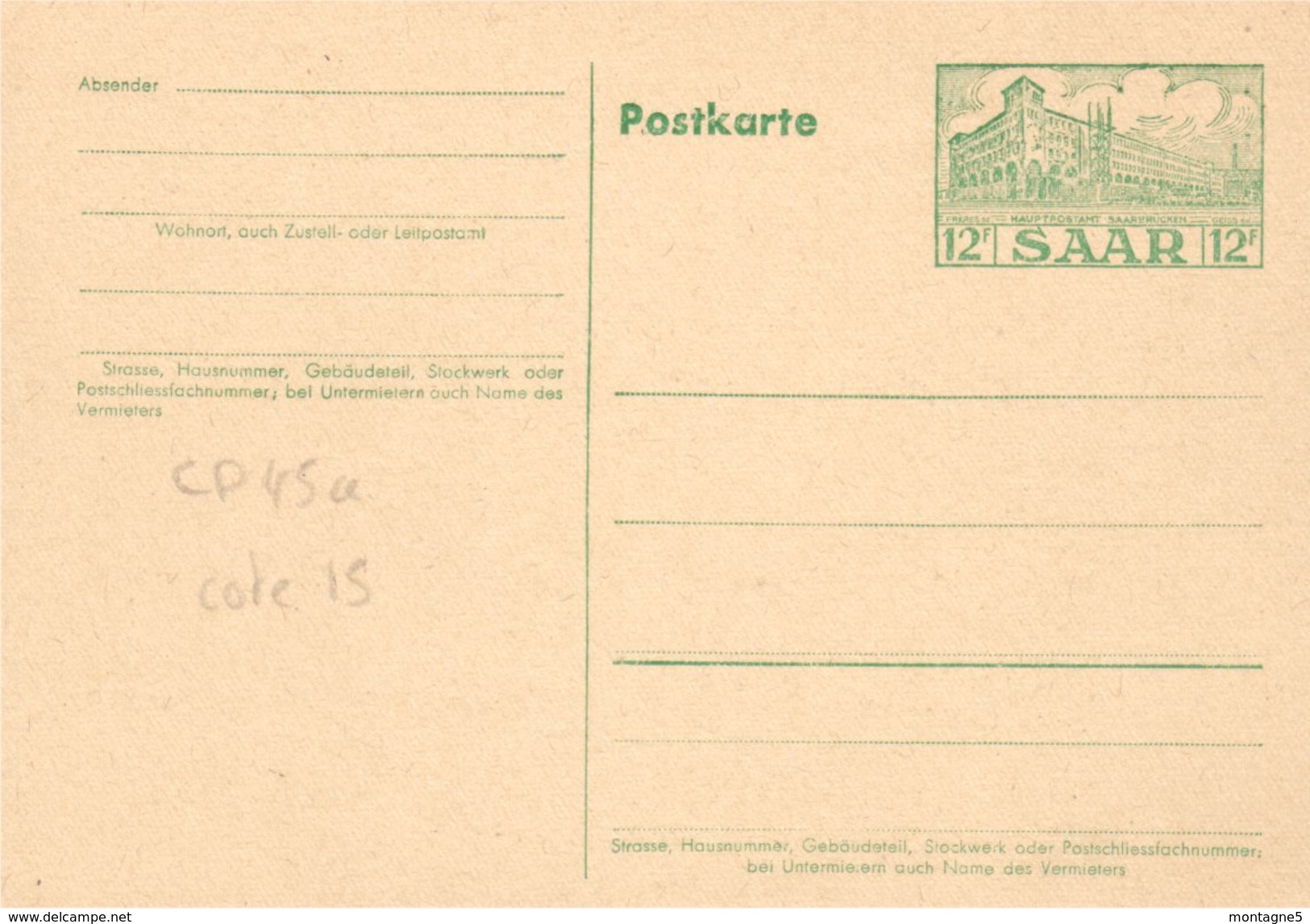 ENTIER POSTAL SARRE Occupation Française CP N°45a - Sonstige & Ohne Zuordnung