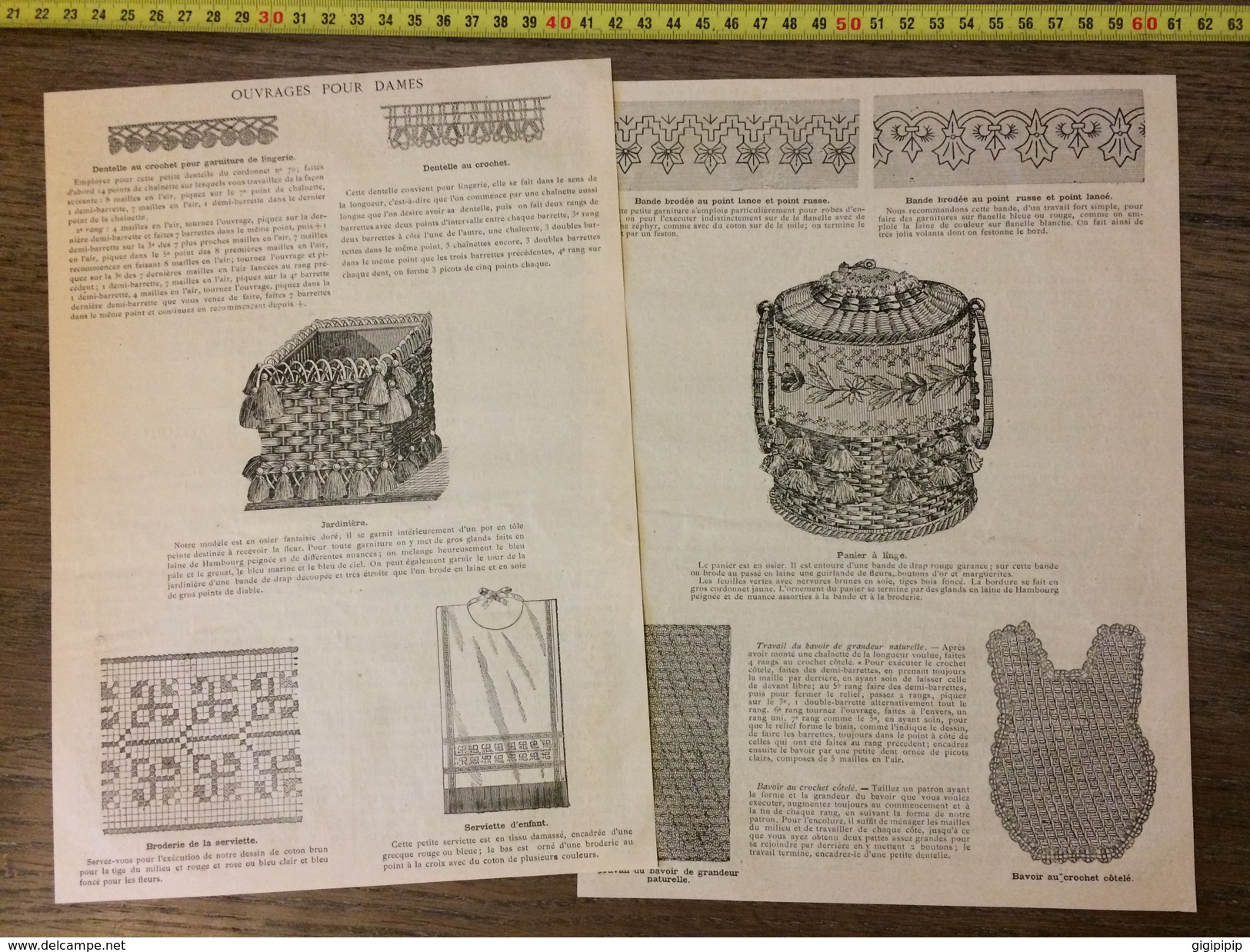 DOCUMENT 1882 OUVRAGE POUR DAMES DENTELLES CROCHET JARDINIERE PANIER A LINGE BAVOIR - Collections