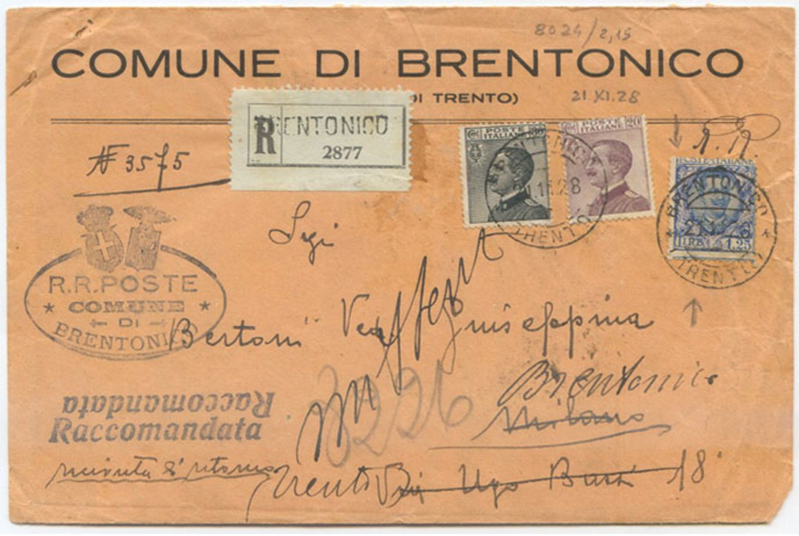 1928 FLOREALE L. 1,25  VARIETÀ DENT. ORIZZ. SPOSTATA MISTA MICHETTI C. 20+30 BUSTA RACCOM. 21.11.28 (8024) - Poststempel